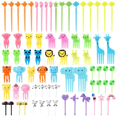 72 Stück Tiere Obstgabeln aus Kunststoff, Mini Cartoon Bento Obstgabeln Zahnstocher, Tier-Fruchtgabeln, FüR Kinder Food Kuchen Picks ZubehöR SüßE spieße Erwachsene Dessert Obst Kinderparty