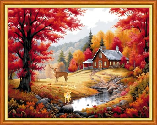 Image of Redxing Stamped Cross Stitch Kits Embroidery kit for Beginners Adults Full Range of Embroidery Patterns Starter Kits DIY Printed Cross Stitch Kits Needlepoint Kits 11CT-Golden Autumn Elk 16x20 inch