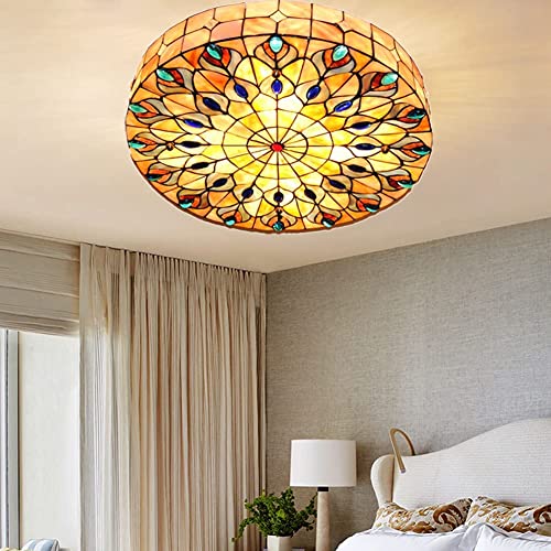 Vintage Tiffany Ceiling Light Hand-Made Colorful Chandelier Flush Mount Lighting Fixture, Lampshade With Colorful Design Decor (20 Inch) #TOP1