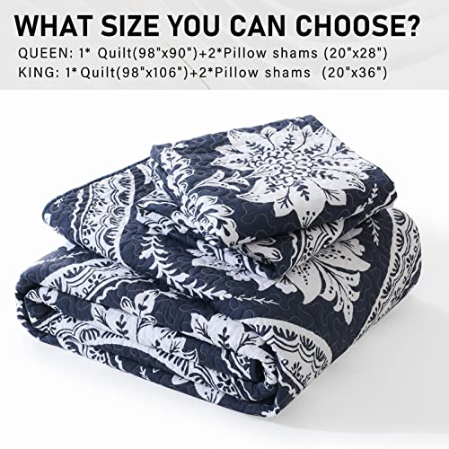 Quilts Queen Size – 100% Cotton Queen Quilt Bedding Set, Navy Blue White Floral Damask Paisley Quilt Bedspread, Lightweight Sofe Bohemian Reversible Quilt Coverlet Set For All Seasons, 3 Pieces #TOP5