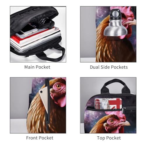 Sac à dos grande capacité imprimé poule galaxie léger noir multi-usage - 5