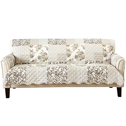 Image of Great Bay Home Reversible Patchwork Sofa Cover - Washable Slipcover Furniture Protector with Elastic Straps - Perfect for Kids & Pets - Box-Stitched Detail (Taupe)