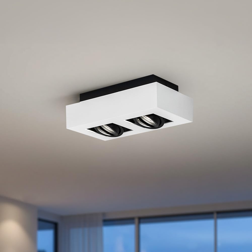 EDO Carré Spot de Plafond GU10 OSMIN RIM 2 Spots Blanc/Noir – Plafonnier en Saillie – Lampe Double avec Anneau Interchangeable et Orientable – Éclairage Moderne pour Salon, Chambre, Cuisine