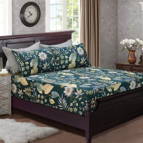 Image of FADFAY Sheets Set Queen Teal Elegant Floral Sheets Tropical Plam Leave Sunflower Bedding 800 Thread Count Luxury Summer Bedding 100% Egyptian Cotton Deep Pocket Bed Sheets Set, 4 Pieces-Queen Size