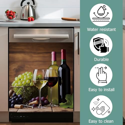 Image of Dishwasher Magnets Decorative Cover,Grape Wine Glasses Refrigerator Magnet Cover,Washable Modern Wine Bottle Dishwasher Front Panel Cover Home Kitchen Decoration 23x26 Inch