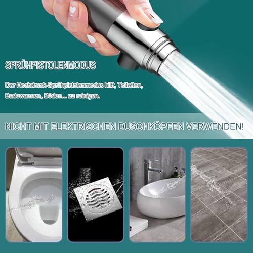 Duschkopf mit Filter, Hochdruck Handbrause mit Schlauch, 4 Strahlarten Duschkopf Wassersparend mit Filtration, shower head für Hartes Wasser,Rest-Chlor,Bakterien, Schwermetall, Grau