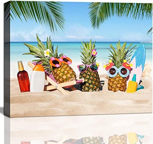 Wall Art for Living Room Bathroom Beach Wall Art Pineapple Tropical Leaves Canvas Art Ocean Picture Framed Modern Wall Art Print for Kids' Room Home Decoration Cute 12x16