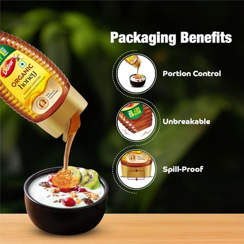Image of Dabur Raw Organic Honey Squeezy Pack - 450g (225g x 2) | Buy 1 Get 1 Free | 100% Pure and Natural | NPOP Organic Certified | Raw, Unprocessed & Unpasteurized Honey | Sourced from Wild Forests