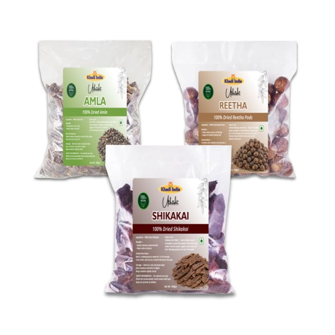 Khadi Utkrisht Natural Hair Wash Combo – Dried Amla, Reetha & Shikakai | Ayurvedic Herbs for Hair Growth, Hair Fall Control & Natural Shine - Pack of 3
