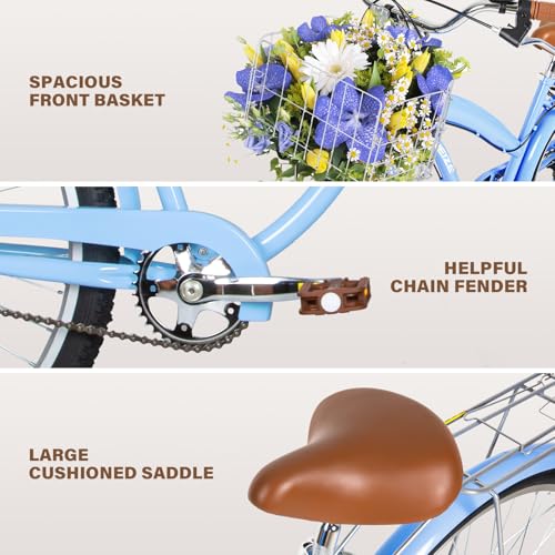 Image of WEIZE Beach Cruiser Bike, 24 & 26 inch Commuter Bicycle for Adult Men and Women,High-Carbon Steel /Front & Rear Fenders, Comfortable City Bikes with Rear Rack or Basket, Ergonomic Upright Design