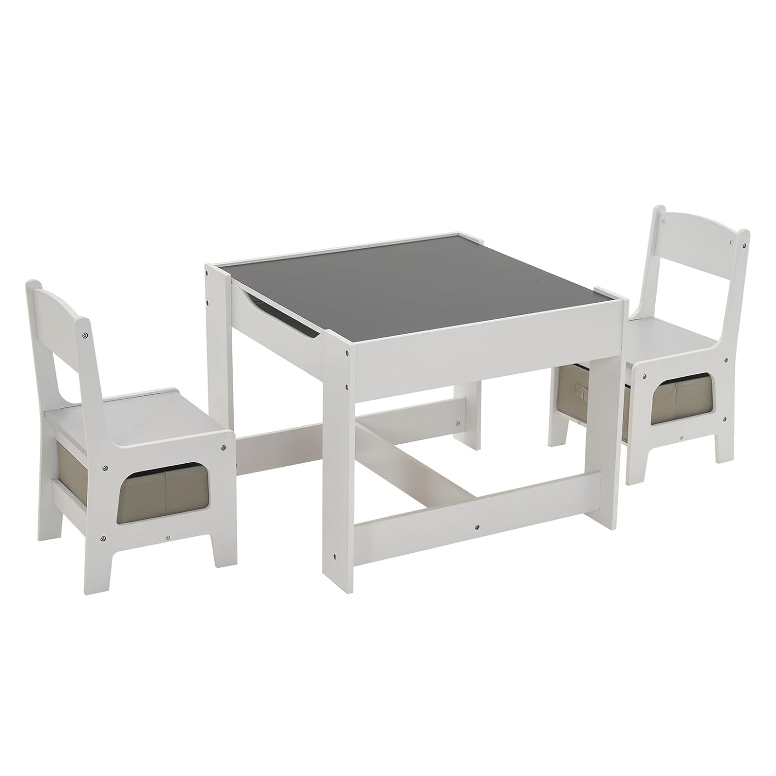 LEADZM Bureau pour Enfants, Table 3-en-1 avec 2 Chaises (3 pièces), à Dessin avec Espace de Rangement en Bois - Table Polyvalente pour Manger, Étudier et Jouer (Gris)