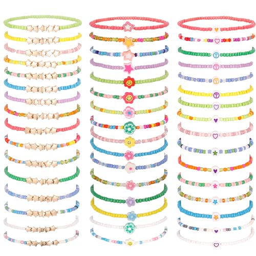 Guiqulai 48 Pcs Kids Friendship Bracelet Set,Colorful Adjustable Beaded Bracelets,Cute Stretch Preppy Bracelets,Stackable Clay Surfer Bracelets Set,Pretend Play Beaded Bracelets for Girls Women