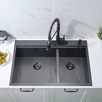 33 Inch Black Drop In Kitchen Sink Double Bowl Workstation
