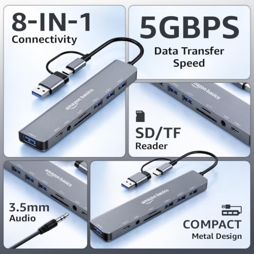 Image of Amazon Basics 8-in-1 USB Hub with Dual Plug (USB-A & USB-C), USB 3.0, 3 x USB 2.0, USB-C 2.1, SD /TF Card Reader & 3.5mm Audio Jack, 18 cm Cable (Grey)