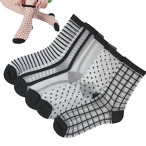 靴下 レディース 透明ソックス ボーダー柄 ドット柄 薄手 シースルー おしゃれ ストライプ 可愛い おしゃれ ルーズソックス 夏用 5足セット（ブラック）