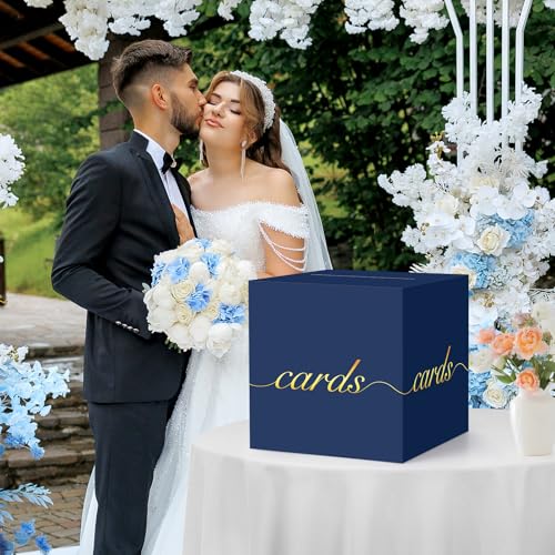 Image of Navy Blue Card Box Gold Foil Wedding Favors Gift Card Boxes Post Box Receiving Money Box Holder for Wedding Reception, Baby Showers, Anniversary, Birthday Party, Retirement, Graduation Envelope Holder