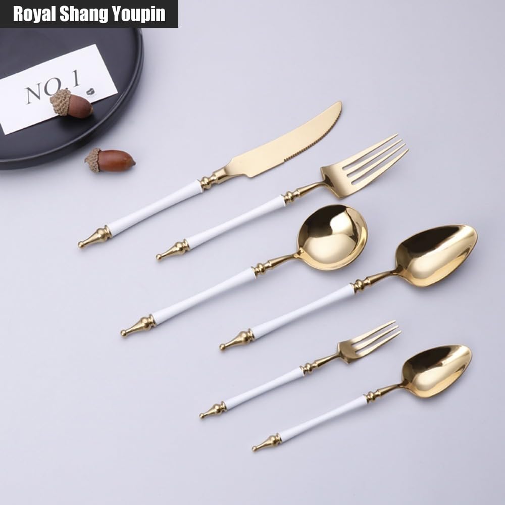 Royal Shang Youpin Light Luxury Legendary Roman Pillar Handle Kitchen Stainless Steel Silverware Tableware Flatware Cutlery Set Steak Knife Fork Spoon Teaspoon (White Gold,6 pieces)