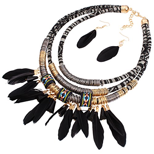 XY Fancy Feather Pendant Multi Layers Tribal Bib Necklace Statement Earring Jewelry Set