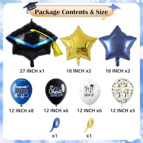 Image of Graduation Balloons for Class of 2026 Decorations Royal Blue Black Gold Silver Confetti Latex Balloons Helium Graduation Hat Balloon Metallic Blue Gold Star Foil College Grad Party Decor Supplies