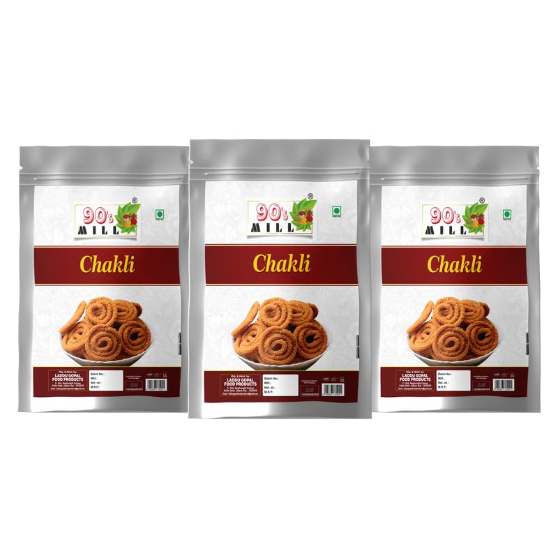 90's MILL Andheri Bhajni Chakli Murukku Namken | Chakli Chakoli Delicious Namkeen & Snacks | Vegan Namkin | No Artificial Preservatives | Ready to Eat Snacks Murukku | Namkeen Snacks-280g*3Pack