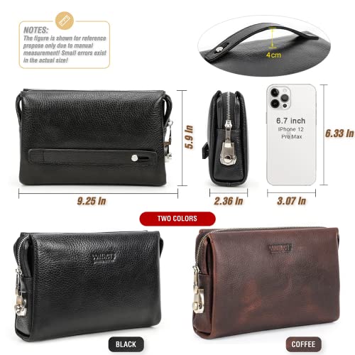 Image of Top Grain Genuine Leather Handbag Wallet for Man & Woman, Handmade Retro Design, Combination Lock & Retractable Hand Strap & Multi Pockets /Slots, Portable RFID for Cards /Checks /Phone /Banknote, Black