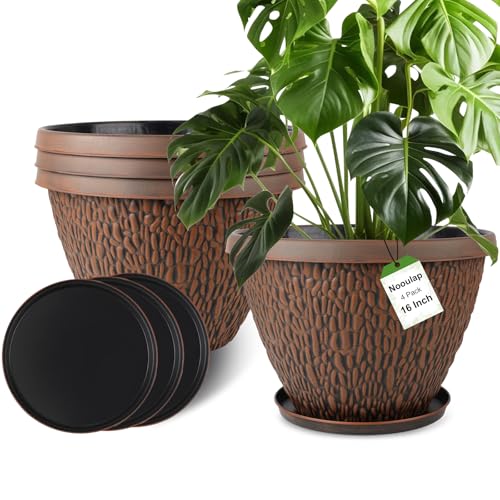 Nooulap 16 Inch Large Outdoor Plant Pot, 4 Pack Thickened Flower Pots with Drainage Holes & Saucer, Pebbles Pattern Design Tree Planters Outdoor for Garden Porch Home