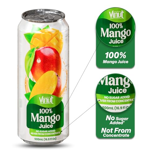 Image of VINUT 100% Mango Juice, No Sugar Added, Never From Concentrate, 16.9 fl oz (500 mL) Can, Pack of 12