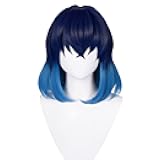 Dark Blue Wig for Inosuke Cosplay Costume Unisex Anime DS Short 2 Tone Wig for Halloween Party + Cap