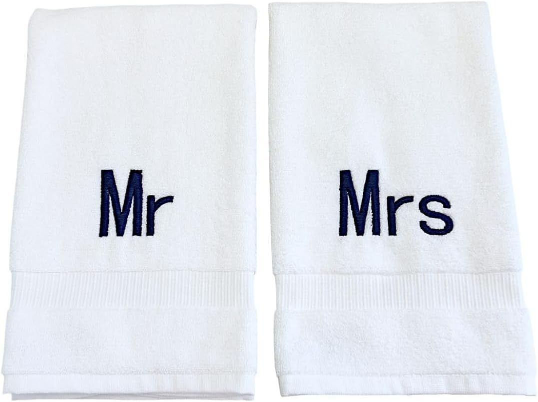 Navy Monogrammed Hand Towels for Bathroom - Luxury Hotel Quality Personalized Initial Decorative Embroidered Towel for Powder Room, Spa - GOTS Organic Certified - Mr and Mrs