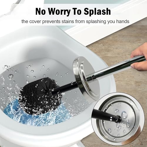 Image of Silver Chrome Toilet Bowl Brush with Holder with Removable Plastic Liner, Durable Bathroom Cleaning Tool, Bathroom Cleaner Brush for Efficient Cleaning and Hygiene