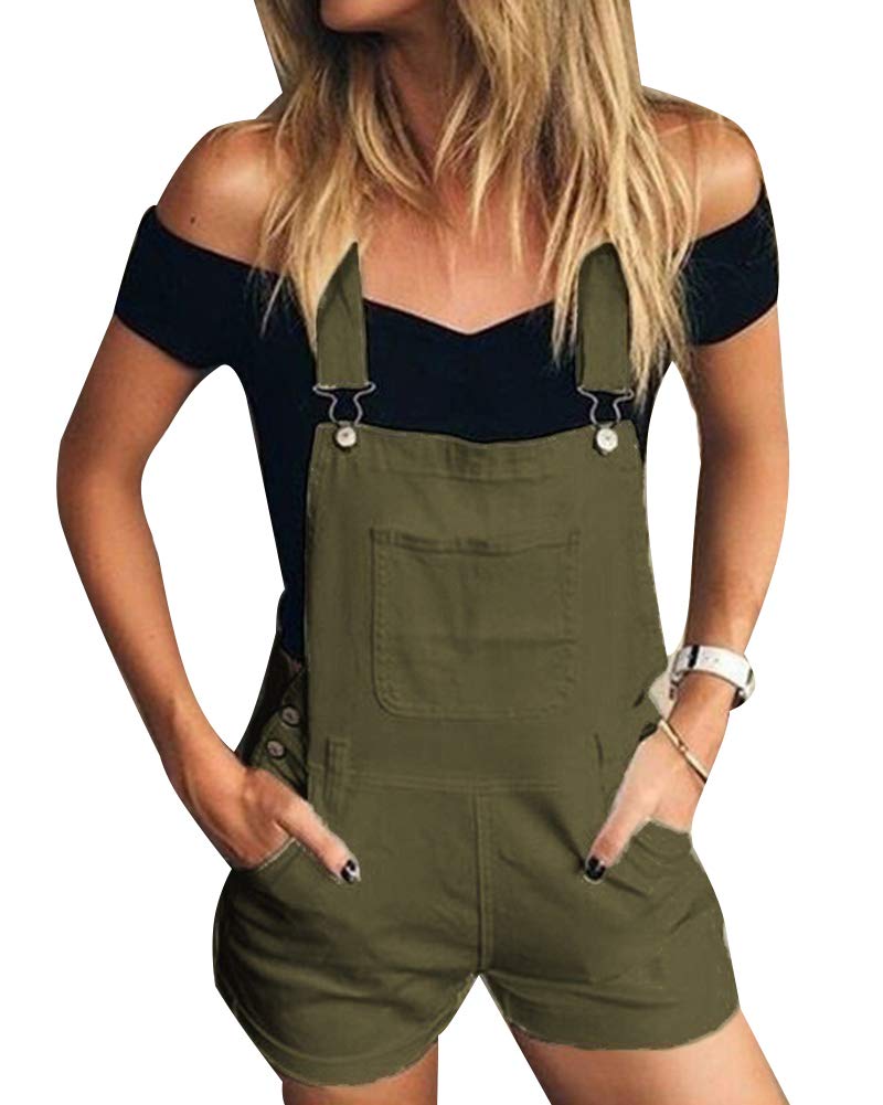 AnyuA Ladies Denim, Pinafore Dungaree, Shorts Jumpsuit, with Pocket Green S