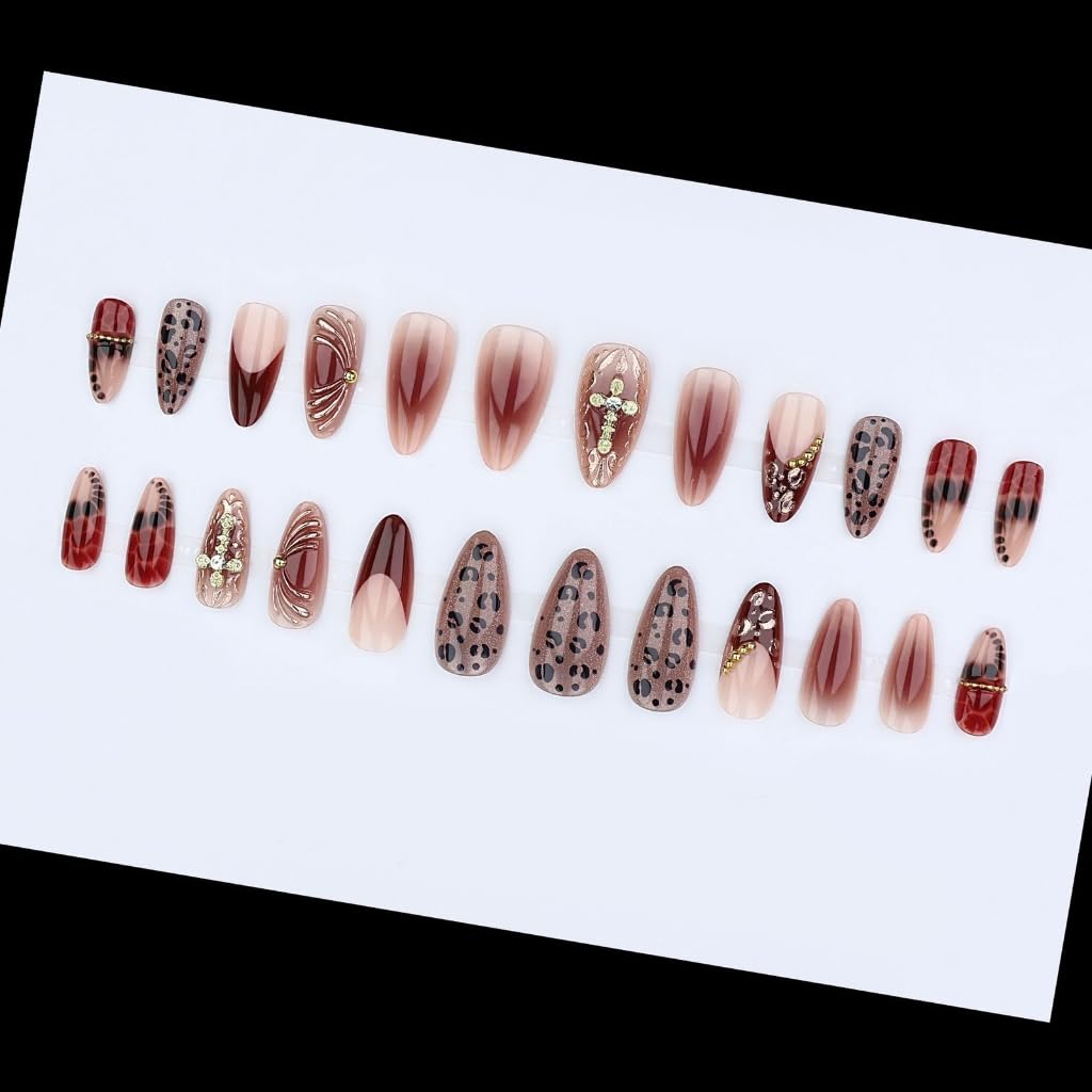 Comfortable Fit Presses on Nails French Nudes Pink Metal Leopards Print Crosses Highly Shining Finish for Everyday Use
