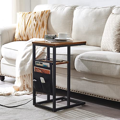 SUPERJARE-C-Table-with-Charging-Station-Small-Side-Table-C-Shaped-End-Tablewith-Fabric-Bag-for-Small-Spaces-Living-Room-Bedroom-Rustic-Brown