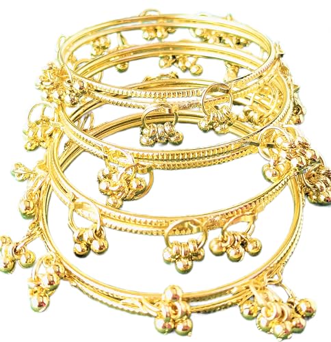 Image of JPS 16 Pcs Trendy Stylish Glass & Kashmiri Ghungroo Bangles Set for Women & Girls | Gold-Plated Traditional Festive Wedding Party Jewellery Chudi Set (12 Glass + 4 Metal)