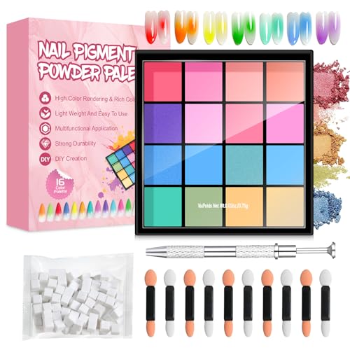 SHOPPGO Poudre Chrome Ongle 16 Couleurs, Poudre Ongles Nail Art, Poudreongle Kit Inclus Pigment poudre, 50 Eponge ongles, 10 Bâton éponge, 1 Pince à...