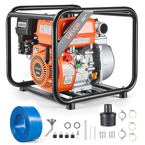 VEVOR Gas Powered Water Pump 2 in 142 GPM 7HP Semi Trash Water Transfer Pump Portable Gasoline Engine with 25 ft Discharge Hose Heavy Duty Frame Cast Iron Impeller for Irrigation Ponds Pools
