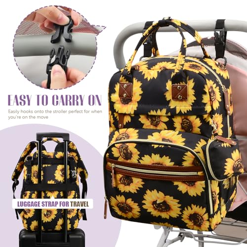 Image of Tuwubi Diaper Bag Backpack, Baby Essentials Travel Tote Bag, Multi function Waterproof Backpacks, Travel Essentials with Stroller Straps & Pacifier Case - Sunflower