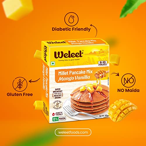 Image of Weleet Millet Pancake Mix | Mango Vanilla Flavour | Pancake Mix Powder, 0% Maida, Gluten Free, Diabetic Friendly - 200 gm, Pack of 1