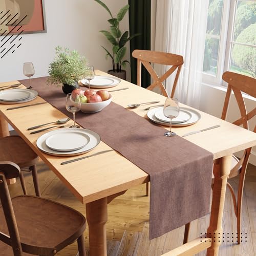 Image of Encasa XO Dining Table Runner for 4 to 6 Seater | 32x183 cm | Dusty Brown | Chenille Fabric | Machine Washable
