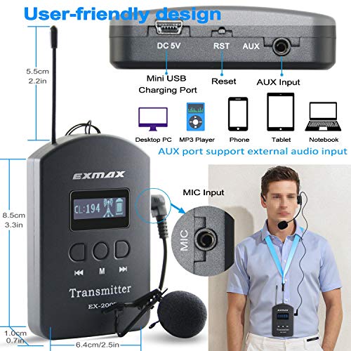 EXMAX EX-200E Transmisor y receptor de audio inalámbrico UHF para voz, sistema para interpretación simultánea en iglesias y áreas sensibles al ruido - 1 transmisor y 3 receptores miniatura 3