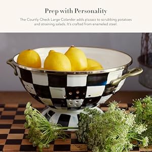 MACKENZIE-CHILDS Enamel Colander, Decorative Kitchen Strainer, Large, Black-and-White Courtly Check MACKENZIE CHILDS Enamel Colander Decorative Kitchen Strainer Large Black and White Courtly Check