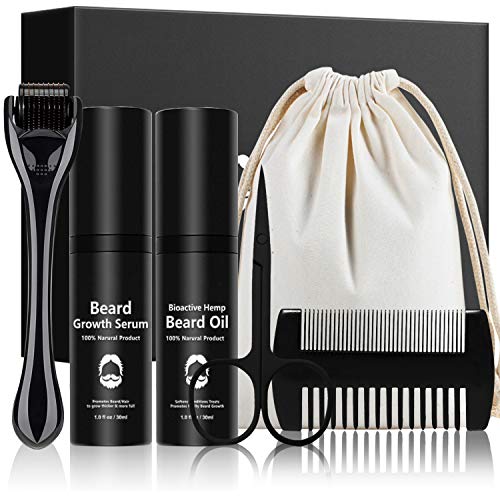 Beard Growth Kit,Beard Grooming Tools for Beard Rapid Growth and Density. Beard Growth Serum,Titanium Beard Roller,Beard Oil,Beard Comb,Beard Scissor,Storage Bag, 6 in 1 Beard Care Gift for Men