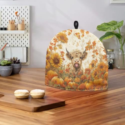 Image of Hudotybom Highland Cattle Tea Cozy for Teapot Insulated Thanksgiving Pumpkin Wadding Tea Cozies Covers Kitchen Textiles Warming Kettle Cover