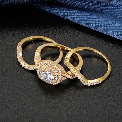 MDFUN Three-in-One Halo Engagement Rings Set for Women 14K Yellow Gold Plated Artificial Diamond Cubic Zirconia Wedding Promise Stackable Eternity Band Size 5-103