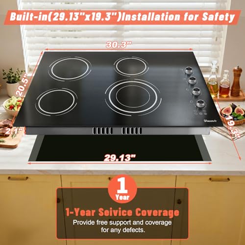 Image of 30 Inch Electric Cooktop (Cut-out Size: 29.13 inchx19.3 inch) 4 Burner - 30 Inch Built-in Ceramic Stove 6700W, 30 inch Electric Burner with Timer, Safety Lock, 240V Hard Wired (Black-Sliver Knob)