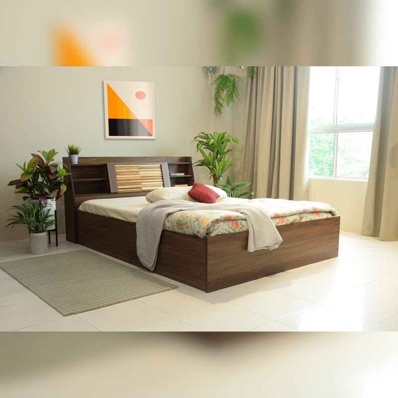 Image of Solimo Bed - Queen Size, Timber Design Double Bed, 11 Engineered Wood Feature, Comfortable Seating, Non-Woven Base & 3mm MDF, Slanted Headboard - Walnut (Melamine Finish)