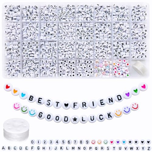Amaney 1600pcs Acrylic Alpabet Letter Beads 31 Styles Heart Number Star and Smiley Beads 4x7mm for Jewelry Making Bracelets Necklaces Key Chains
