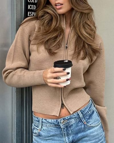 Women's Long Sleeve Zip Up Knit Cardigan Stand Collar Full Zip Sweater Lightweight Ribbed Knit Sweater4