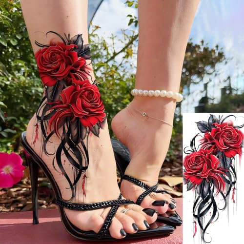 Image of Bilizar 12 Sheets 3D Floral Red Rose Temporary Tattoos For Women Adults Arm Leg Foot Tattoo Sticker, Realistic Feather Phoenix Plum Blossom Fake Tattoos Flower Body Art Waterproof Long Lasting Tatoos
