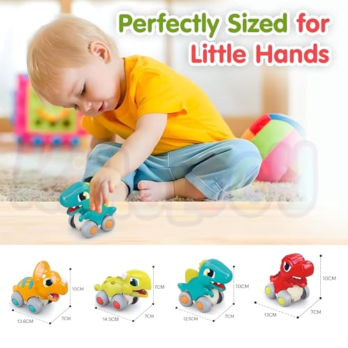 Image of Kidology Push & Go Dinosaur Cars Toy for Toddlers, Friction Powered Dino Cars Set of 4, Mini Pull Back Vehicle, Montessori Educational Toy for Boys & Girls, Birthday Gift for Kids